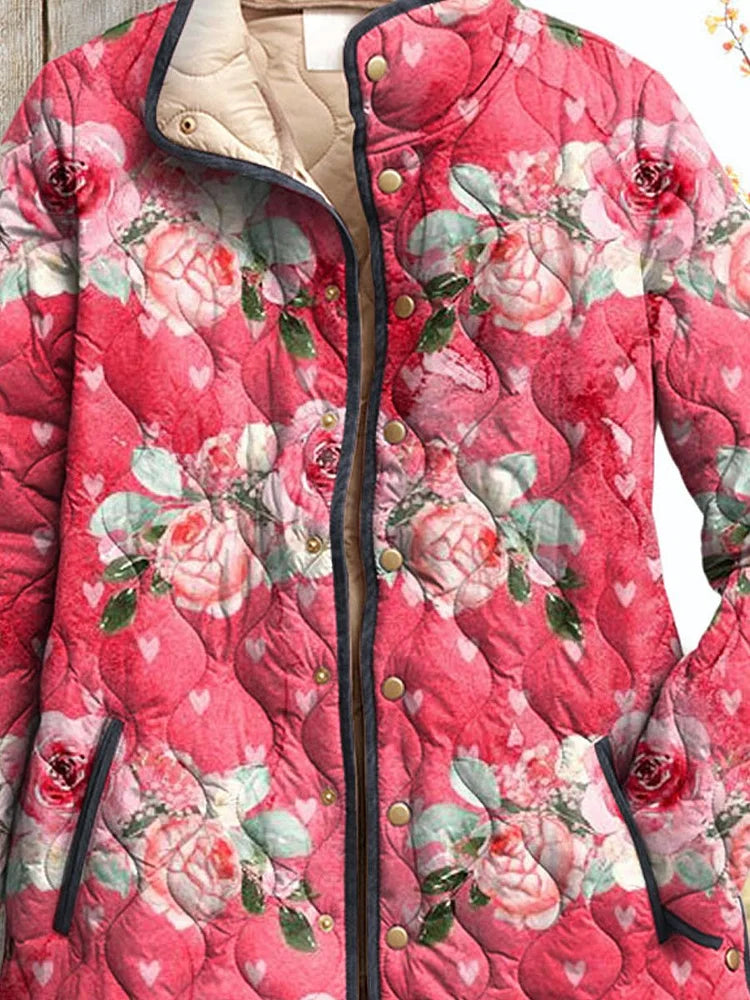 Veste Puffer Décontractée Imprimée Florale Rose Charmante pour Femmes