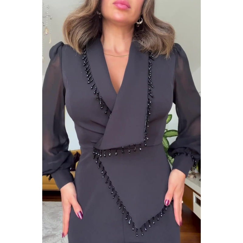 LINA - Jumpsuit noire élégante avec jambes larges et perles