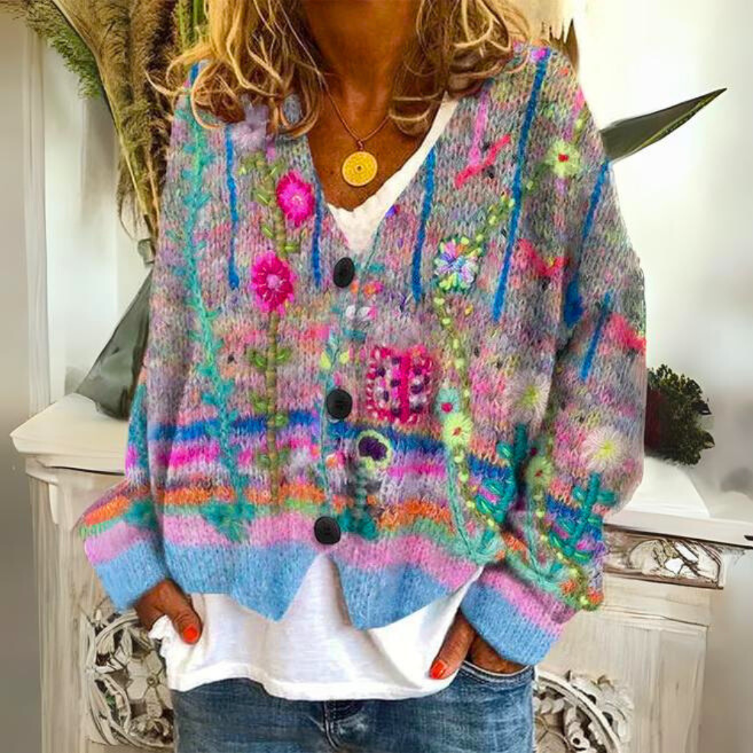 Elisa Cardigan Bohème – Cardigan Multicolore avec Broderies Fleuries et Coupe Ample