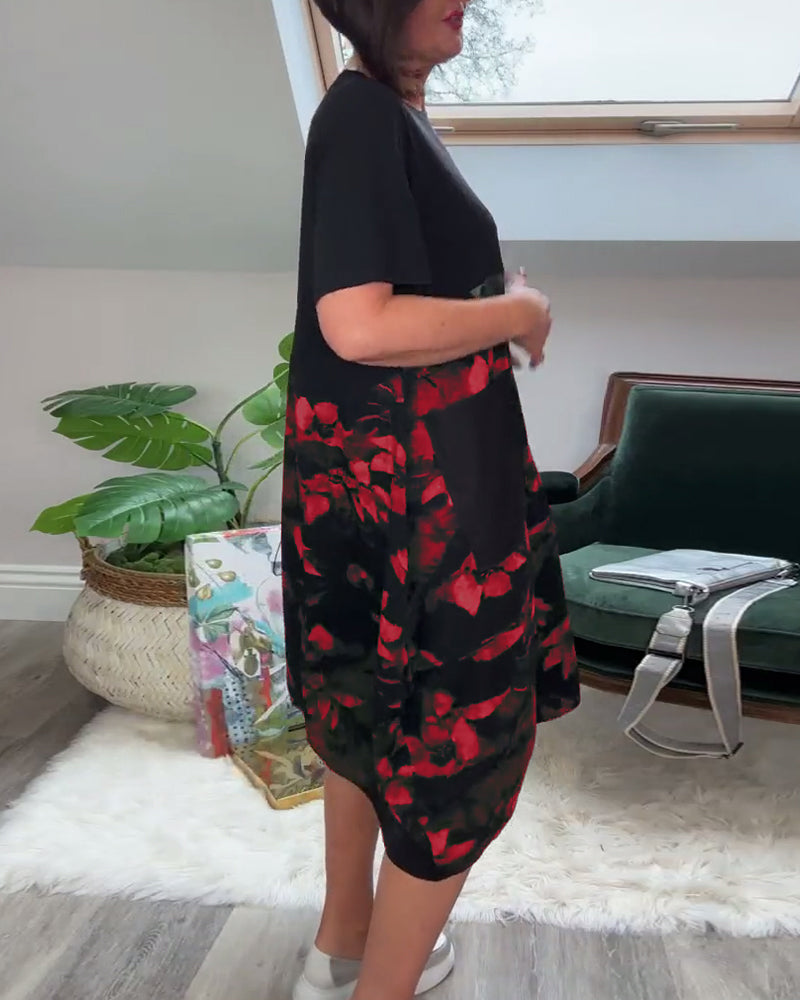 Robe Patchwork Florale à Col Rond