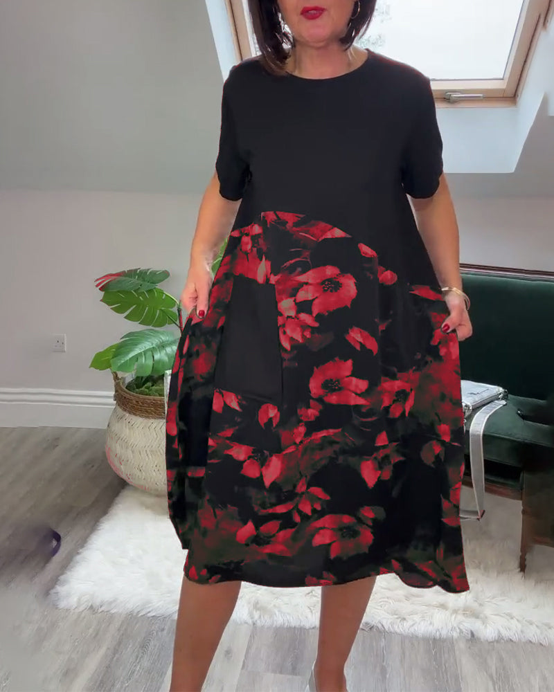 Robe Patchwork Florale à Col Rond