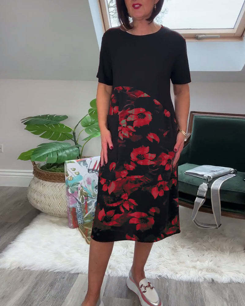 Robe Patchwork Florale à Col Rond