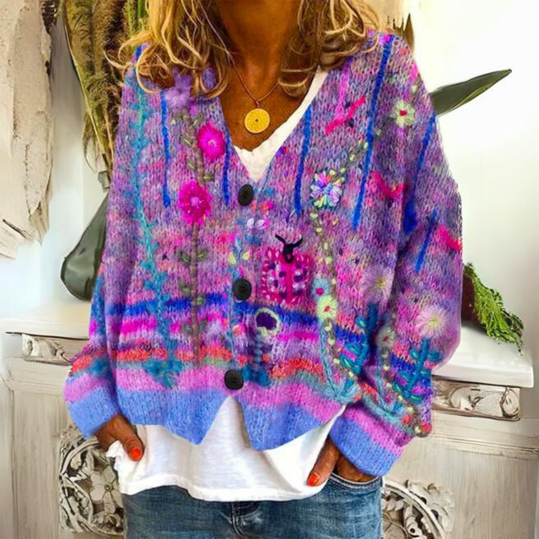 Elisa Cardigan Bohème – Cardigan Multicolore avec Broderies Fleuries et Coupe Ample