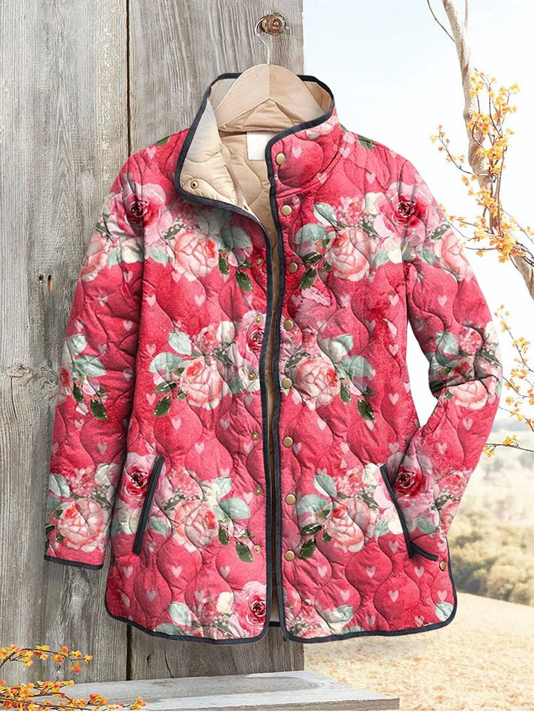 Veste Puffer Décontractée Imprimée Florale Rose Charmante pour Femmes