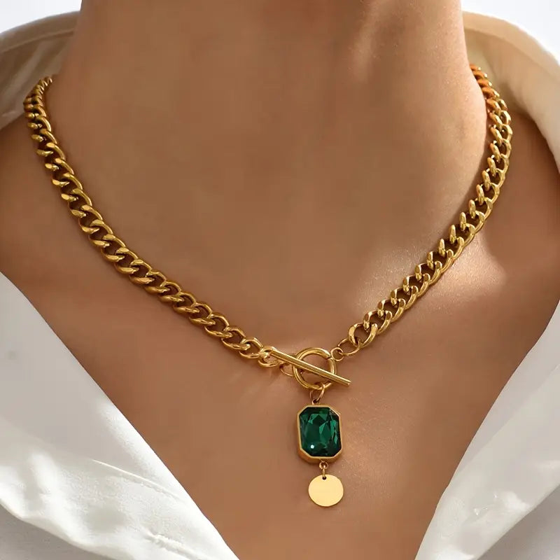 Collier avec pendentif à chaîne épaisse et émeraude | Or