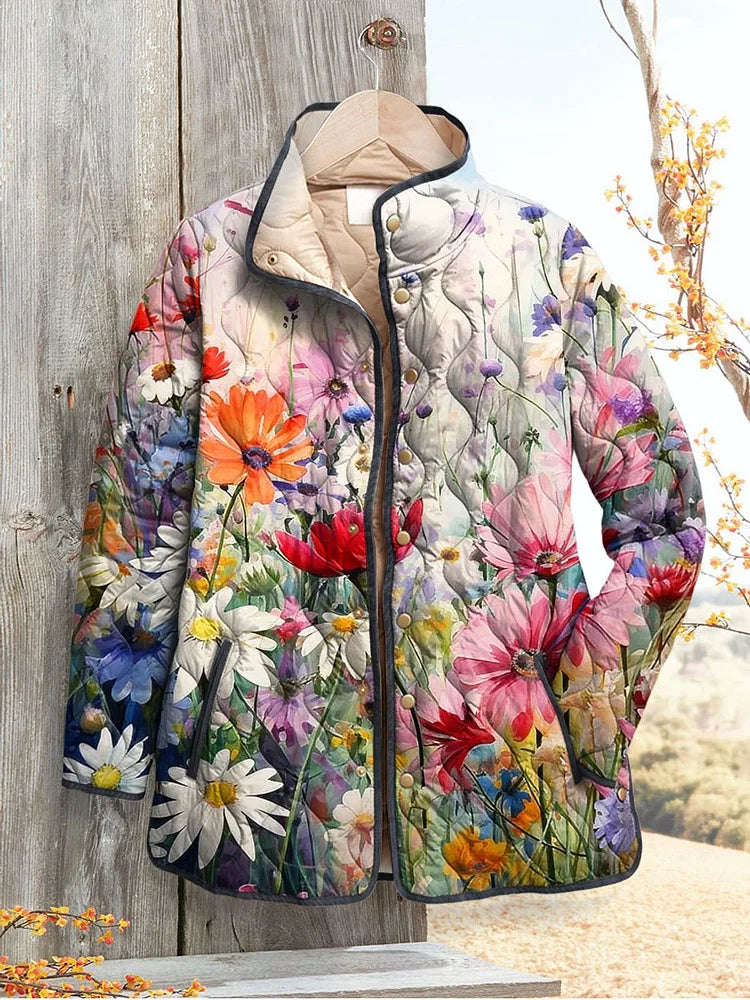Veste Puffer Casual Vintage Charmante Imprimé Floral pour Femmes