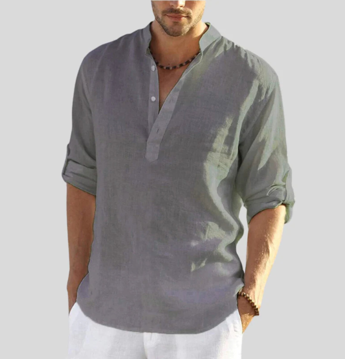 Chemise en Lin pour Homme Ansel – Chemise d'Été Respirante, Col à Boutons Courts et Manches Repliables