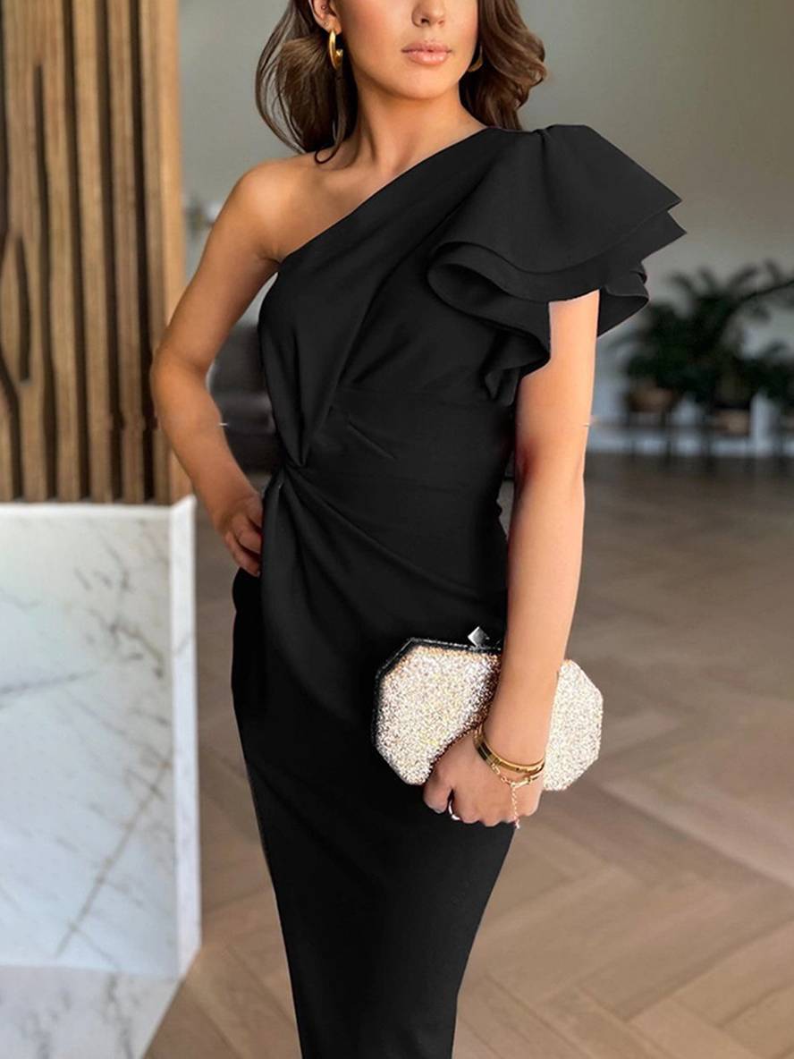 Robe de Soirée Femme Lalaine – À Épaule Unique, Fendue, Volants et Décolleté Élégant