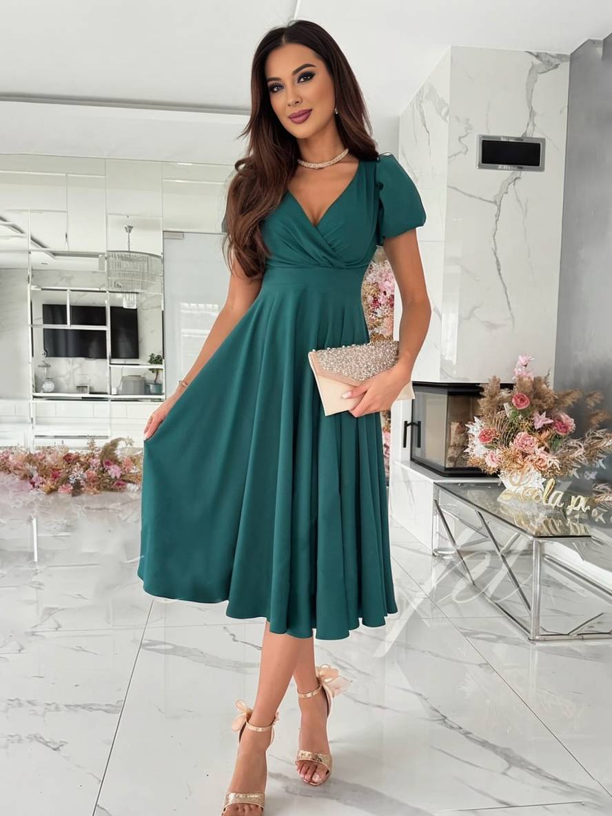 Robe Femme Julie – Décolleté en V, Manches Courtes à Volants et Coupe Légère Élégante pour Demoiselle d'Honneur