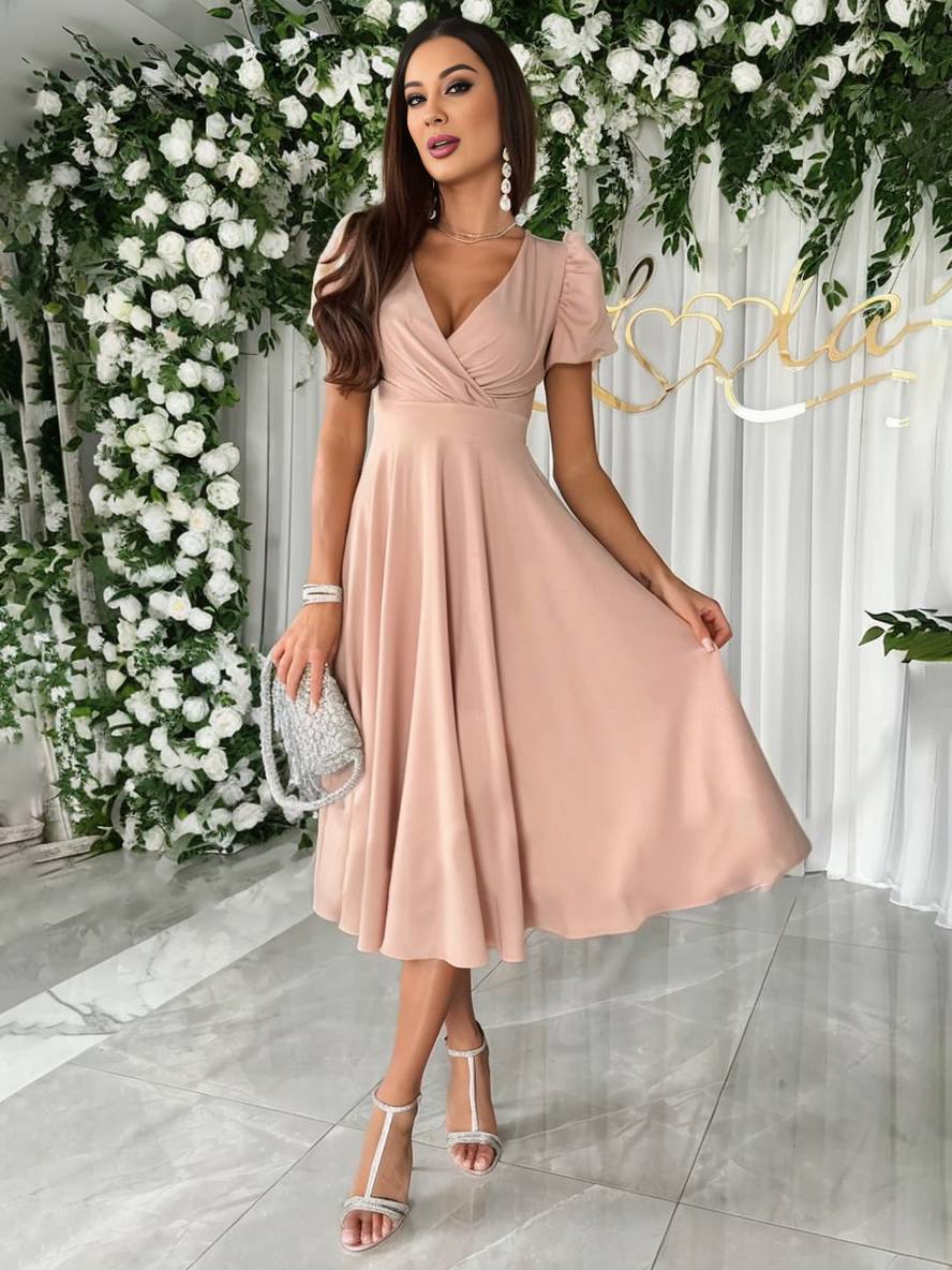 Robe Femme Julie – Décolleté en V, Manches Courtes à Volants et Coupe Légère Élégante pour Demoiselle d'Honneur