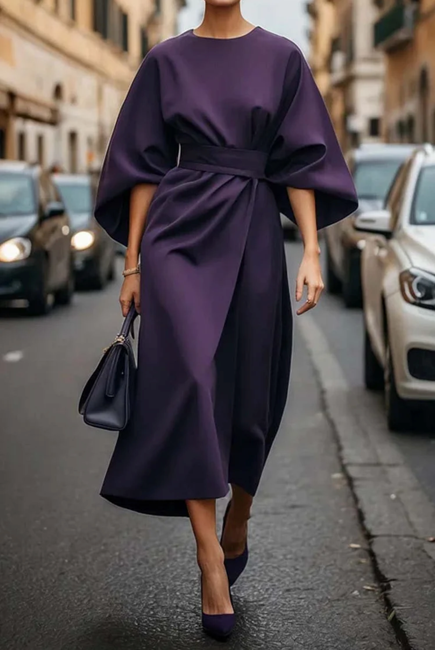 Robe Femme Louise – Robe Féminine avec Détail de Manches Bouffantes et Ceinture Ajustable