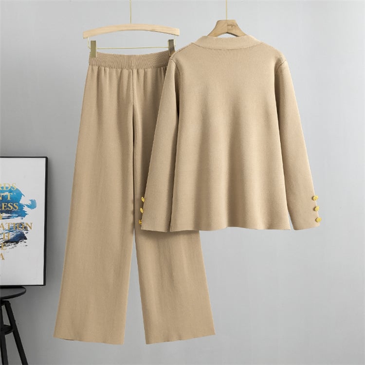 Ensemble de Pull en Laine Tricoté avec Boutons Métalliques et Pantalon Large
