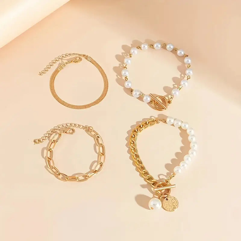 Ensemble de 4 bracelets Chic Gold – Serpent, perles et maillons | Or