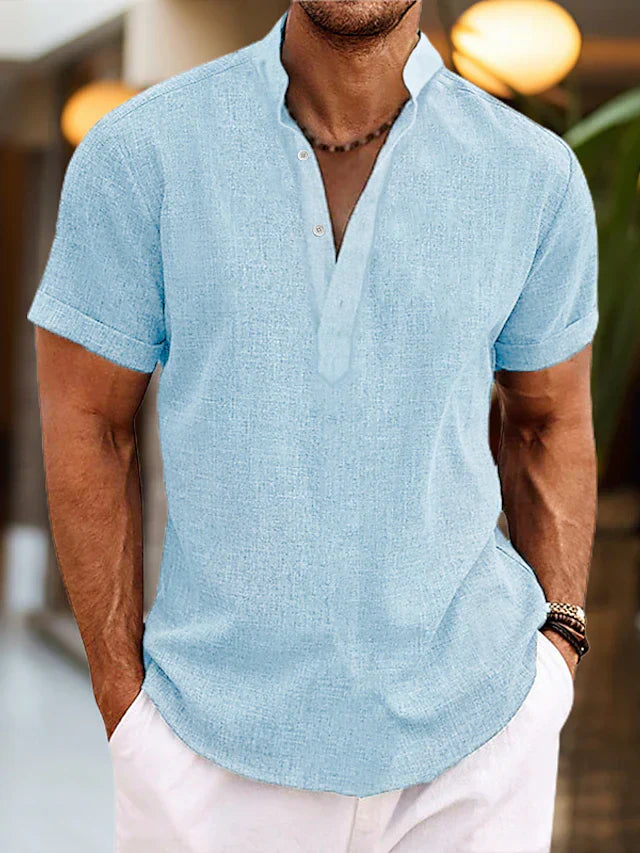 Chemise en Lin Silas pour Homme – Chemise à Col Henley Courte et Respirante pour l'Été