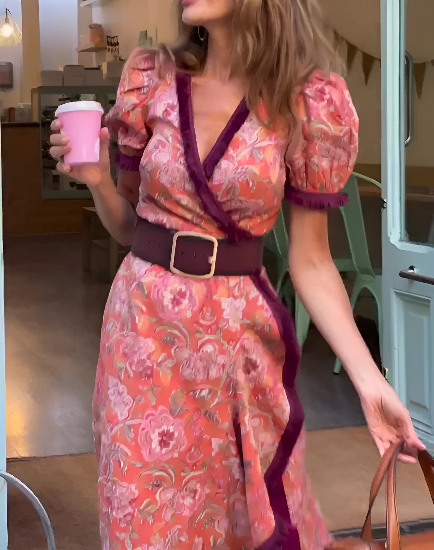 Robe Maxi Élégante Rose à Manches Courtes