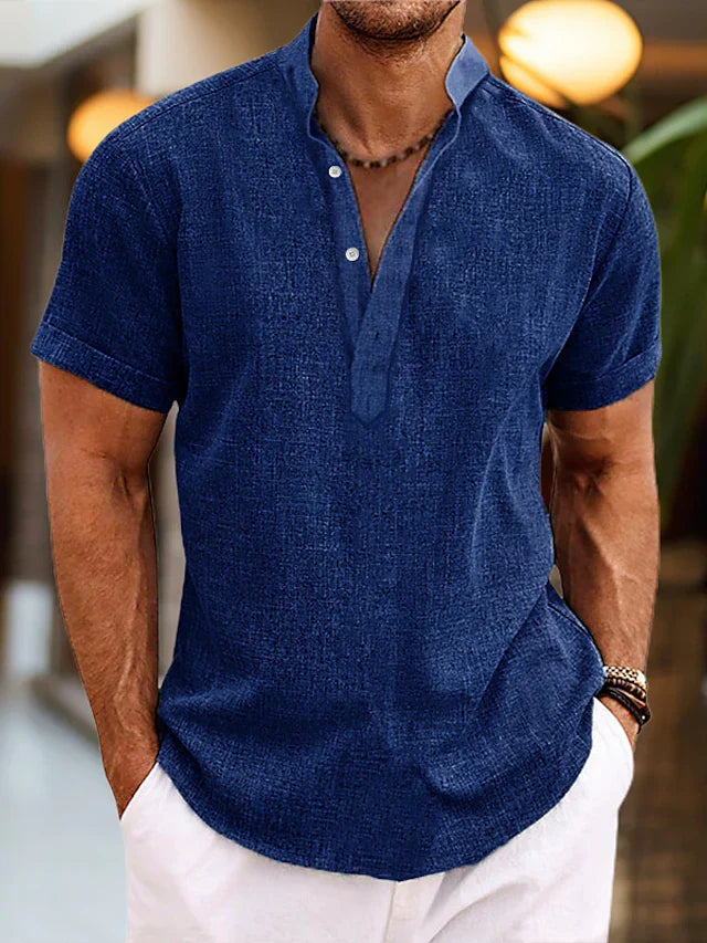 Chemise en Lin Silas pour Homme – Chemise à Col Henley Courte et Respirante pour l'Été