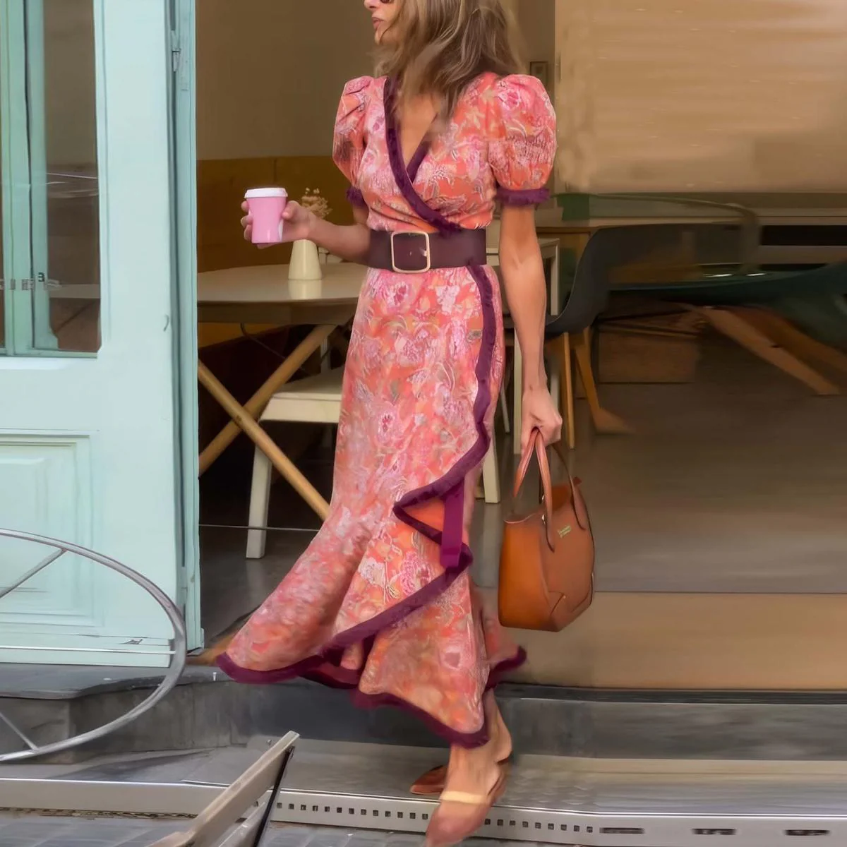 Robe Maxi Élégante Rose à Manches Courtes
