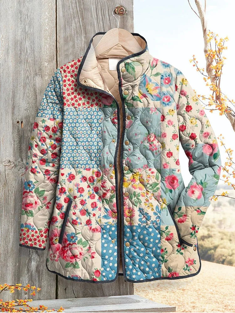 Veste Florale Vintage Charmante pour Femmes Casual Matelassée
