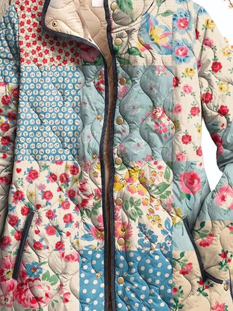 Veste Florale Vintage Charmante pour Femmes Casual Matelassée