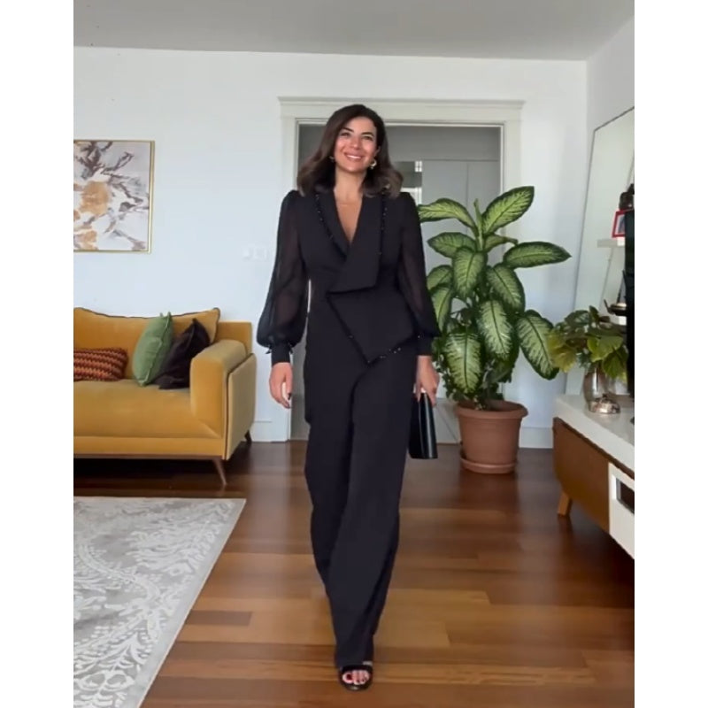 LINA - Jumpsuit noire élégante avec jambes larges et perles