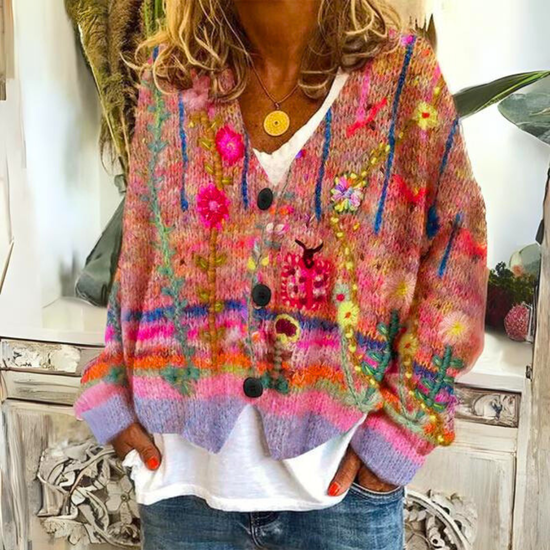 Elisa Cardigan Bohème – Cardigan Multicolore avec Broderies Fleuries et Coupe Ample