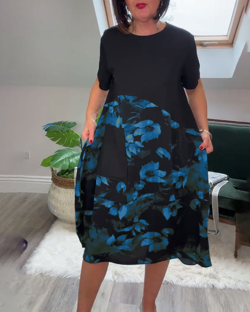 Robe Patchwork Florale à Col Rond