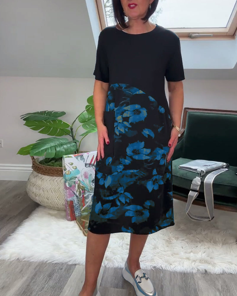 Robe Patchwork Florale à Col Rond