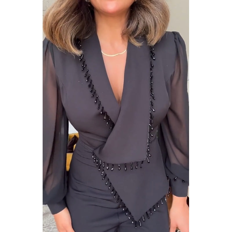 LINA - Jumpsuit noire élégante avec jambes larges et perles