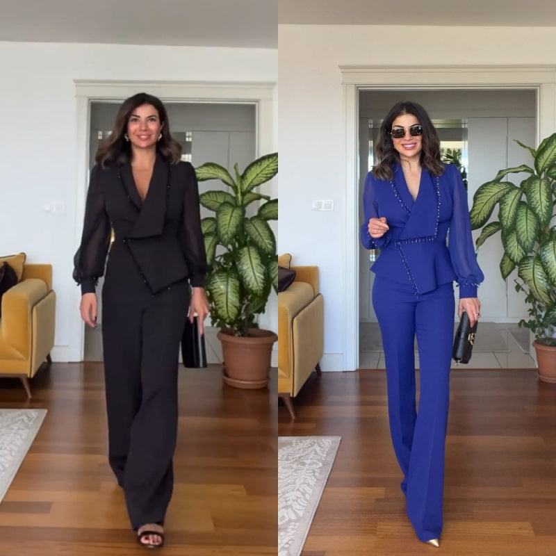 LINA - Jumpsuit noire élégante avec jambes larges et perles