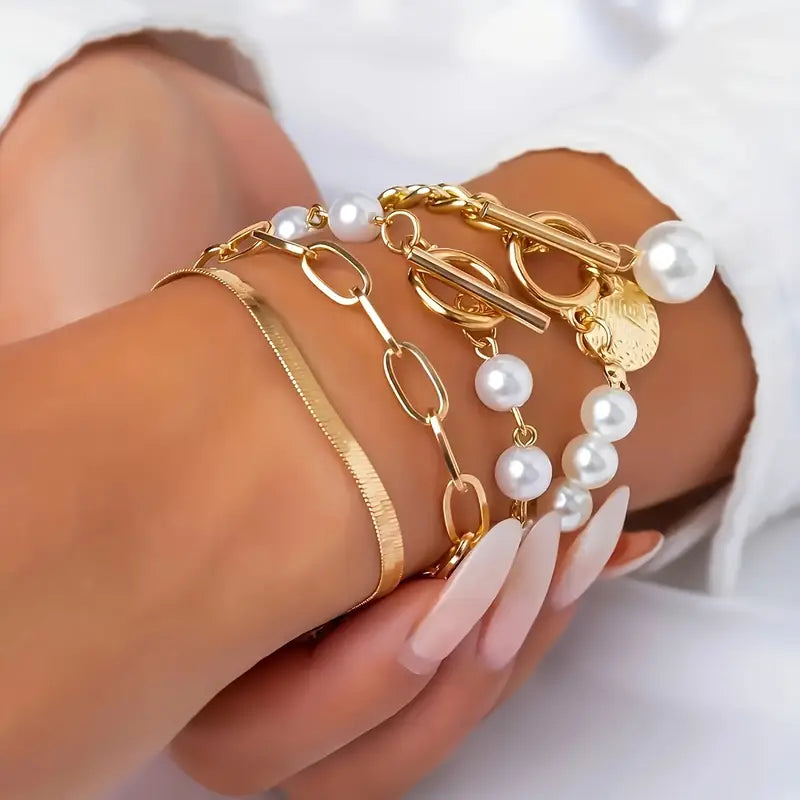 Ensemble de 4 bracelets Chic Gold – Serpent, perles et maillons | Or