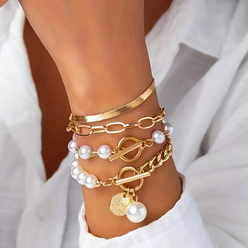 Ensemble de 4 bracelets Chic Gold – Serpent, perles et maillons | Or