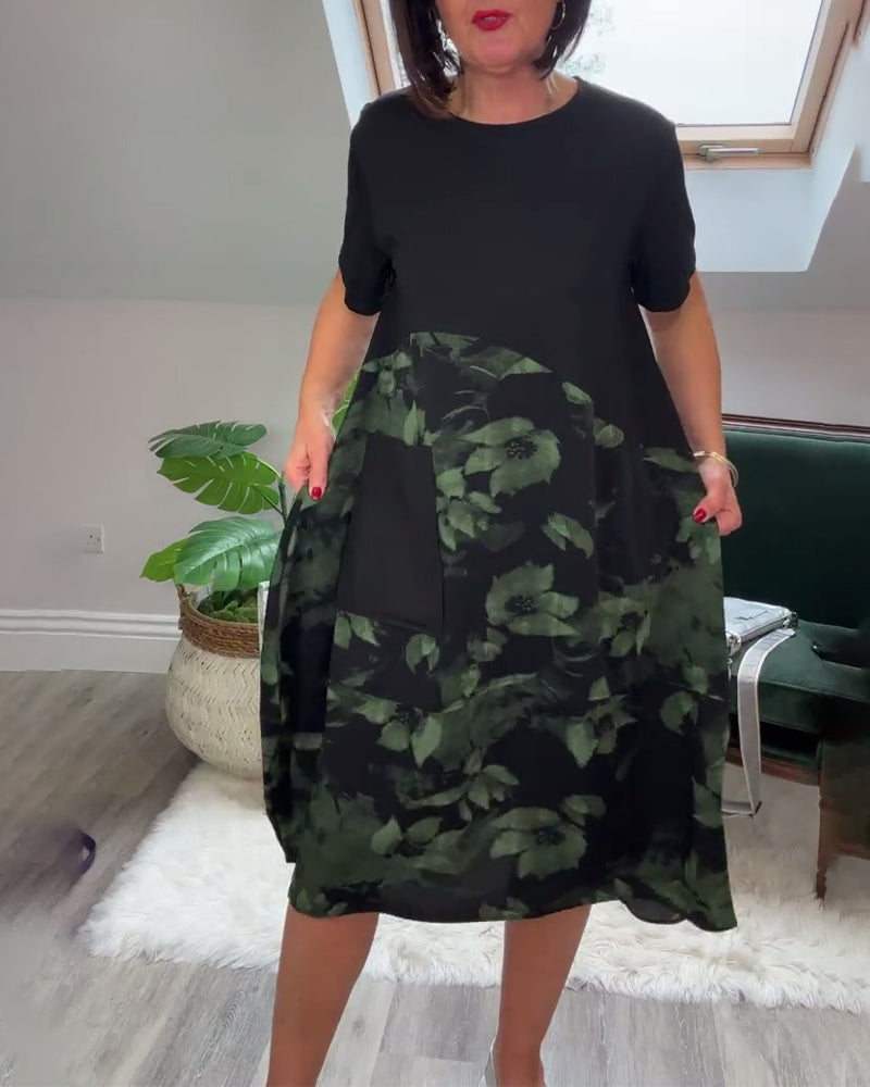 Robe Patchwork Florale à Col Rond