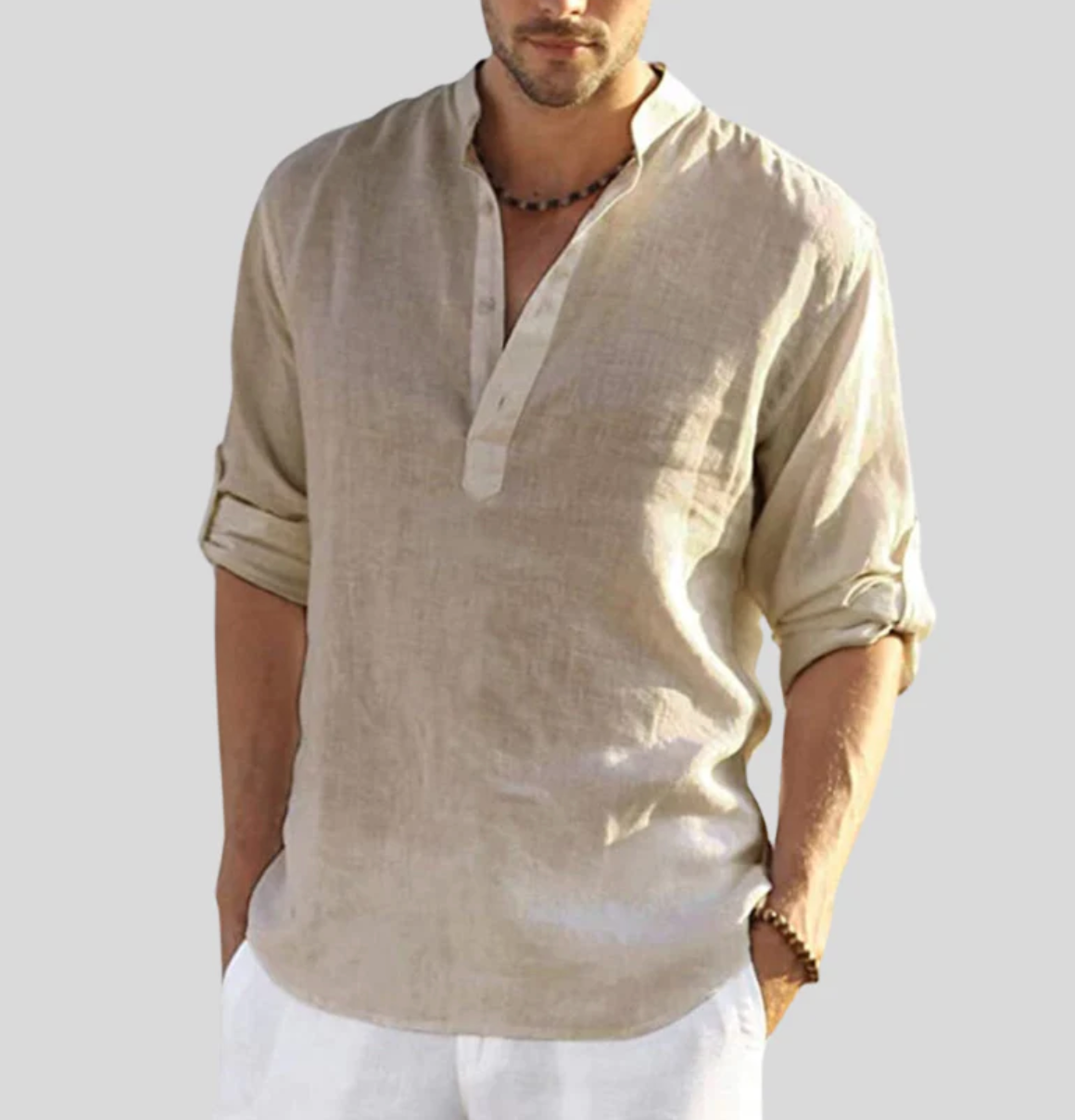 Chemise en Lin pour Homme Ansel – Chemise d'Été Respirante, Col à Boutons Courts et Manches Repliables
