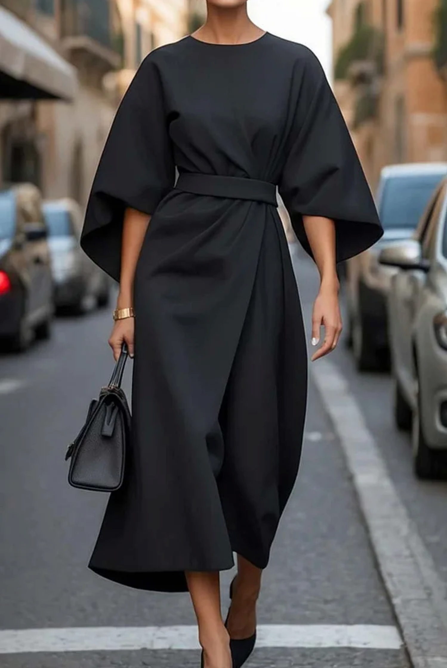 Robe Femme Louise – Robe Féminine avec Détail de Manches Bouffantes et Ceinture Ajustable