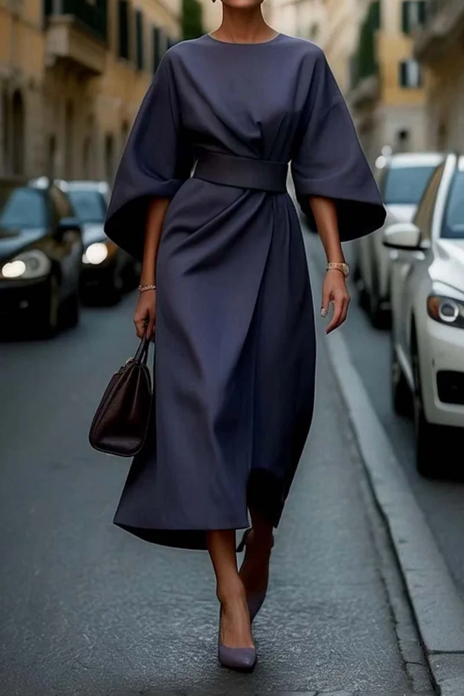 Robe Femme Louise – Robe Féminine avec Détail de Manches Bouffantes et Ceinture Ajustable