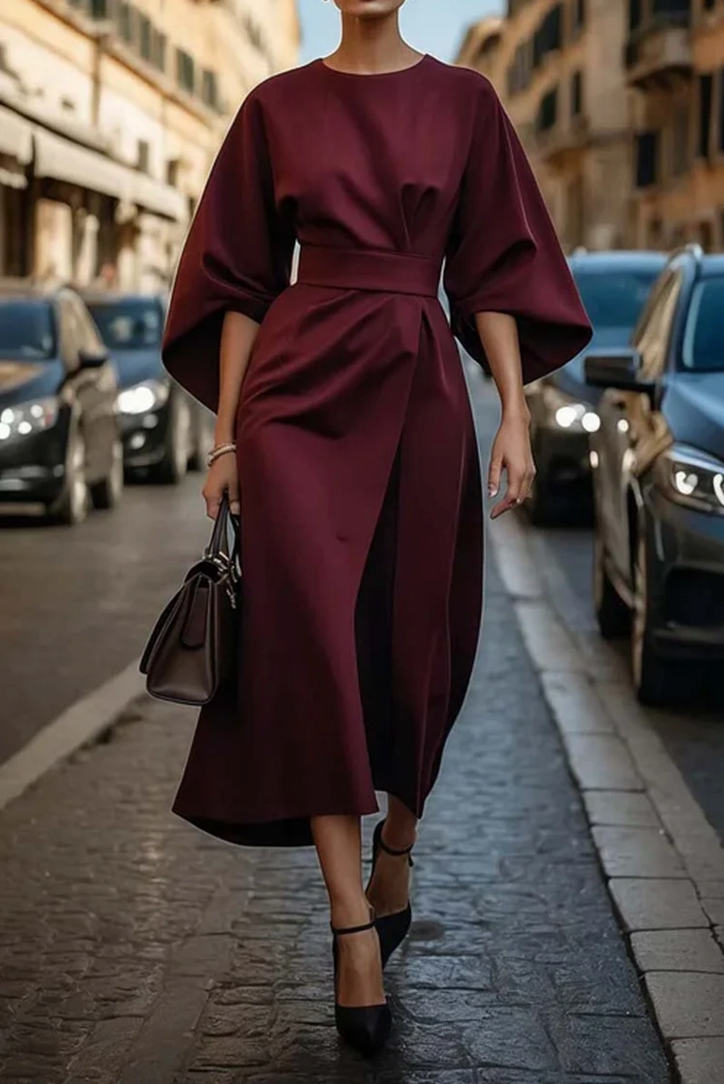 Robe Femme Louise – Robe Féminine avec Détail de Manches Bouffantes et Ceinture Ajustable
