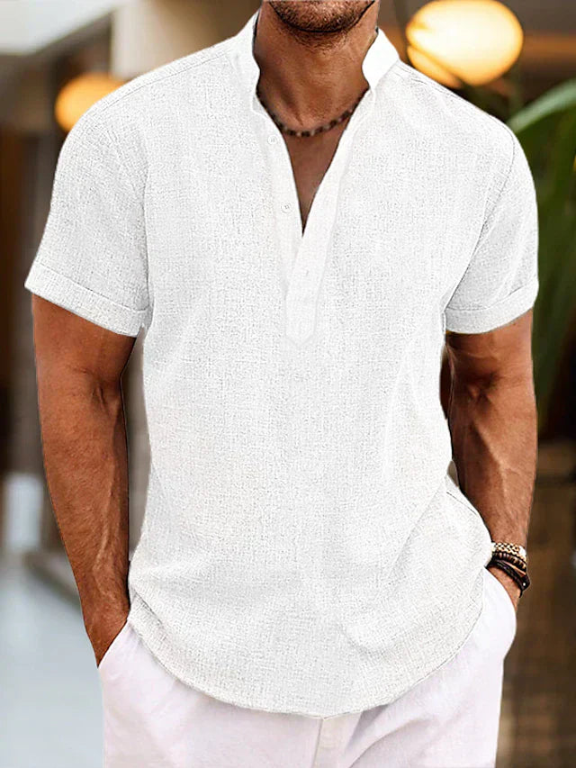 Chemise en Lin Silas pour Homme – Chemise à Col Henley Courte et Respirante pour l'Été