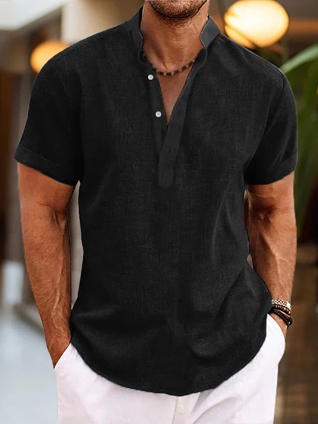 Chemise en Lin Silas pour Homme – Chemise à Col Henley Courte et Respirante pour l'Été